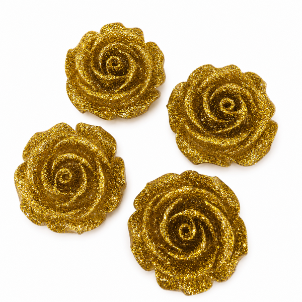Gold glitter rose flatback cabochons, set of 4 resin craft embellishments for DIY projects