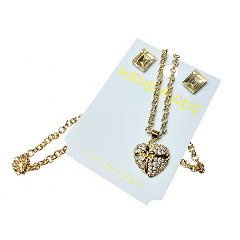 Gold tone heart necklace and crystal earring 