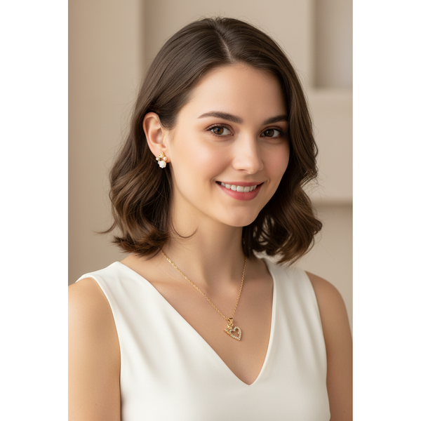 Gold tone heart necklace and rose earrings jewelry gift set for women
