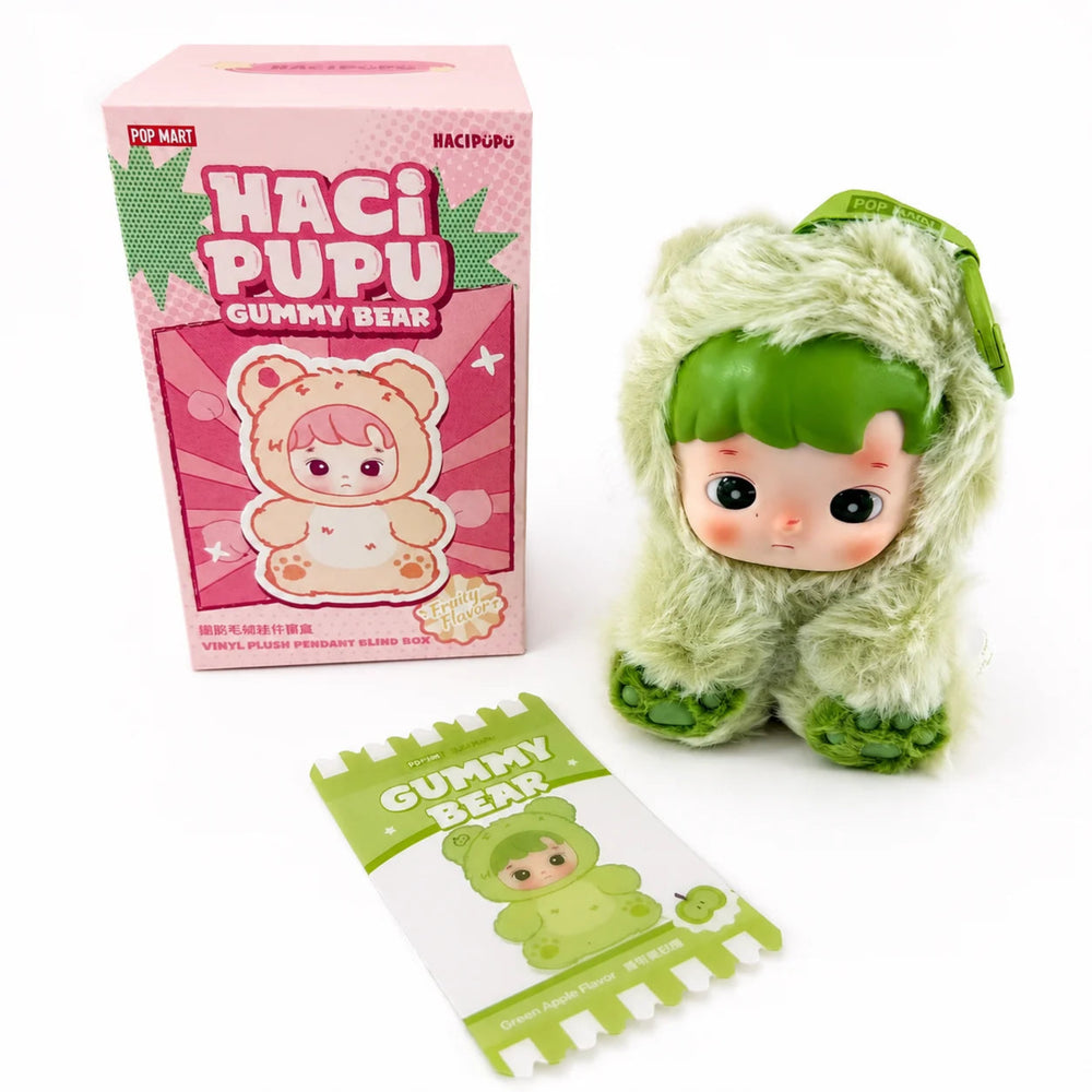 Green Apple Hacipupu Gummy Bear plush keychain collectible with pink box