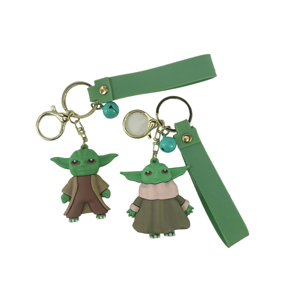 Green alien baby rubber keychain set with gold-tone clip, bag charm accessory

