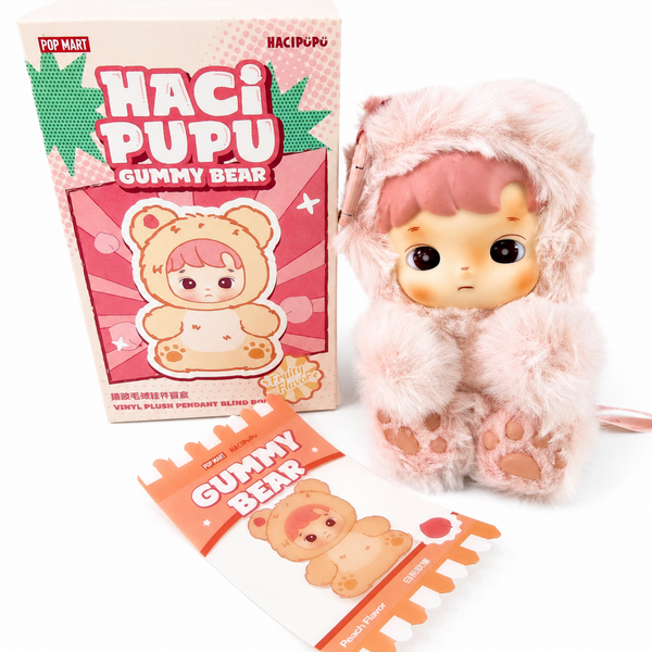 Haci Pupu Gummy Bear Peach Flavor plush pendant with matching box and insert on white background