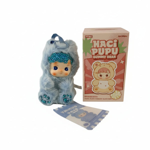 Hacipupu Blueberry Gummy Bear plush pendant covered in sky blue sparkling crystals, soft blue faux-fur kawaii collectible 