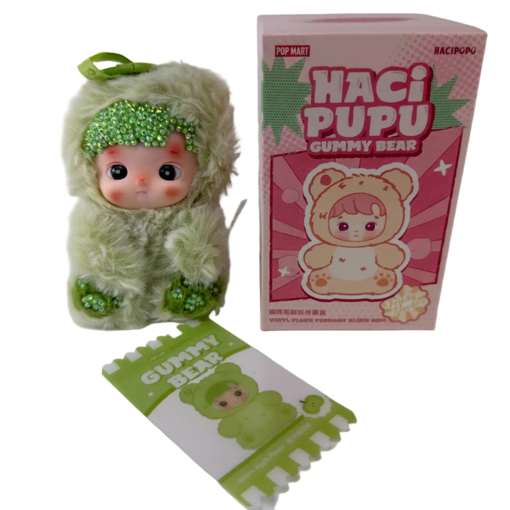 Hacipupu Green Apple Gummy Bear Crystal Bedazzled plush pendant, green faux-fur body with sparkling crystal accents