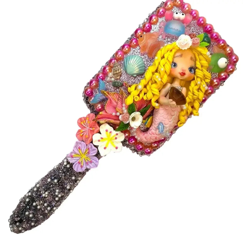 Hand-decorated hair brush with mermaid cold porcelain doll, colorful beads and floral elements - ocean theme kawaii gift