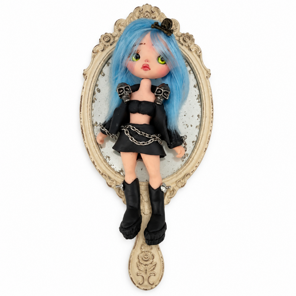Handcrafted Gothic Kawaii mini doll charm with vibrant blue hair and dark outfit, flat back flex porcelain for DIY projects
