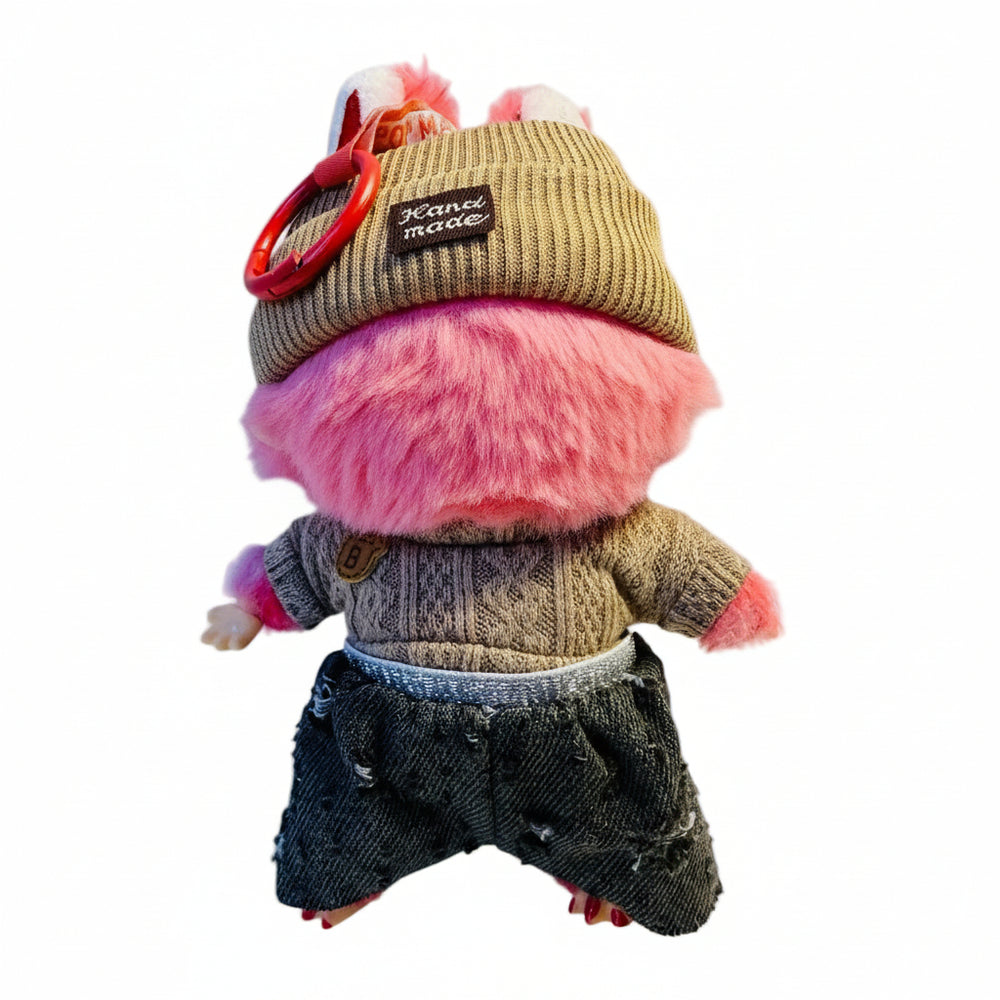 Handcrafted denim and casual outfit, head band brown and brown sweeter set for 17cm plush dolls