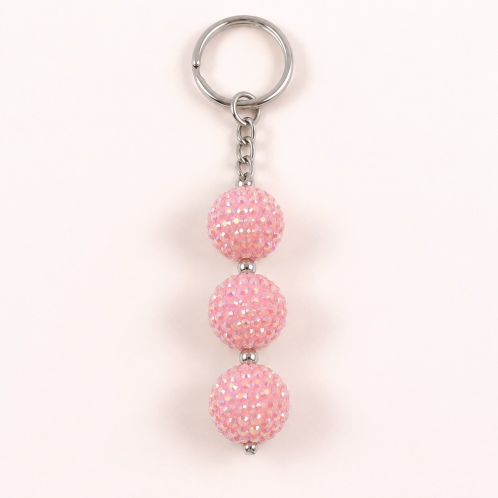 Handmade-style silver chain keyring with sparkling pink acrylic beads