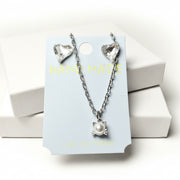 Handmade Silver-Tone Cat Pendant Necklace with White Faux Pearl and Heart Crystal Earrings Set - Shipping from Miami, FL