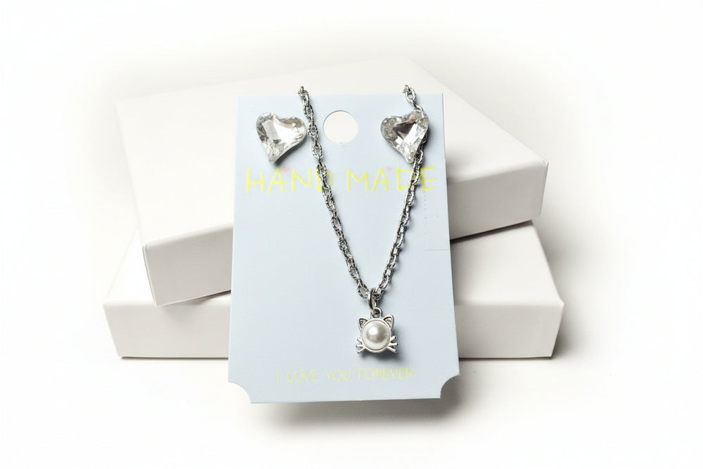 Handmade Silver-Tone Cat Pendant Necklace with White Faux Pearl and Heart Crystal Earrings Set - Shipping from Miami, FL
