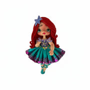 Handmade cold porcelain doll with vibrant red hair, glittering turquoise skirt, and ballet shoes, 10 cm flatback charm