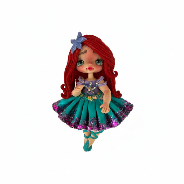 Handmade cold porcelain doll with vibrant red hair, glittering turquoise skirt, and ballet shoes, 10 cm flatback charm