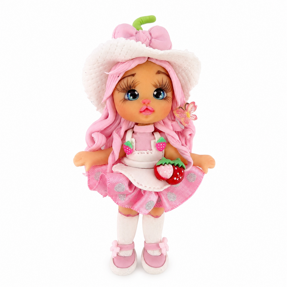 Handmade flex porcelain doll with pink skirt, strawberry details and white apron
