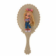 Handmade flexible cold porcelain blonde doll flatback with a pink bow and denim pants