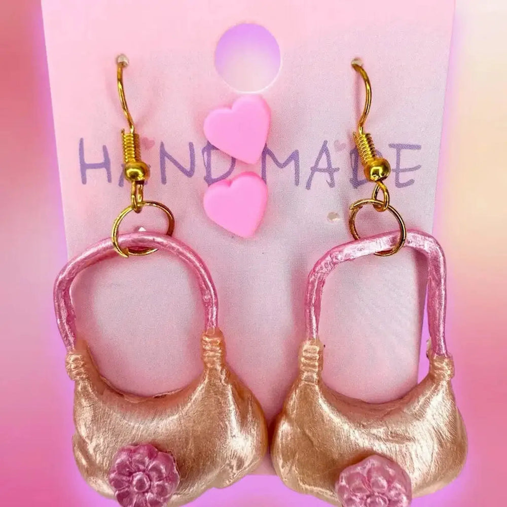 Handmade pink and gold porcelain handbag earrings - included in mermaid kawaii decoden gift set