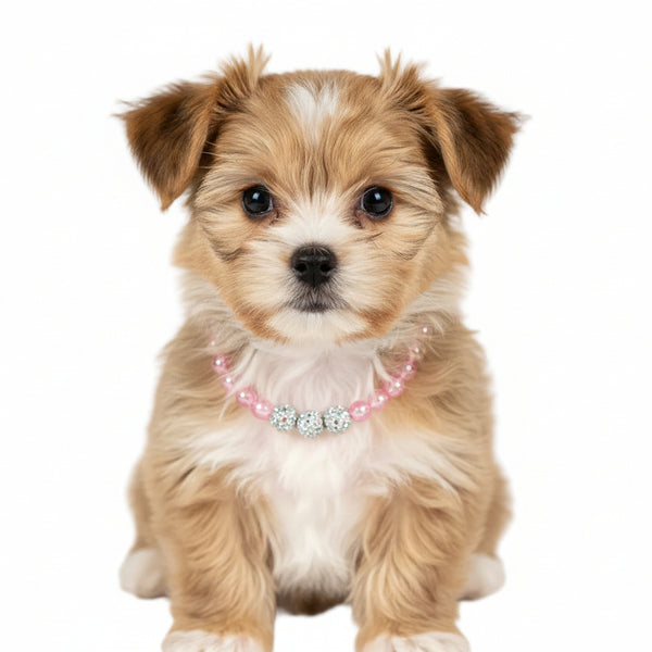 Handmade pink pearl necklace collar for dogs with elegant faux pearls, 12.5 inches.