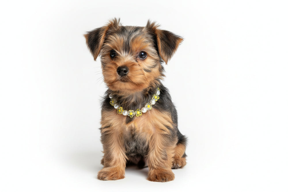 Handmade small dog collar necklace featuring white pearl beads and yellow transparent floral accents