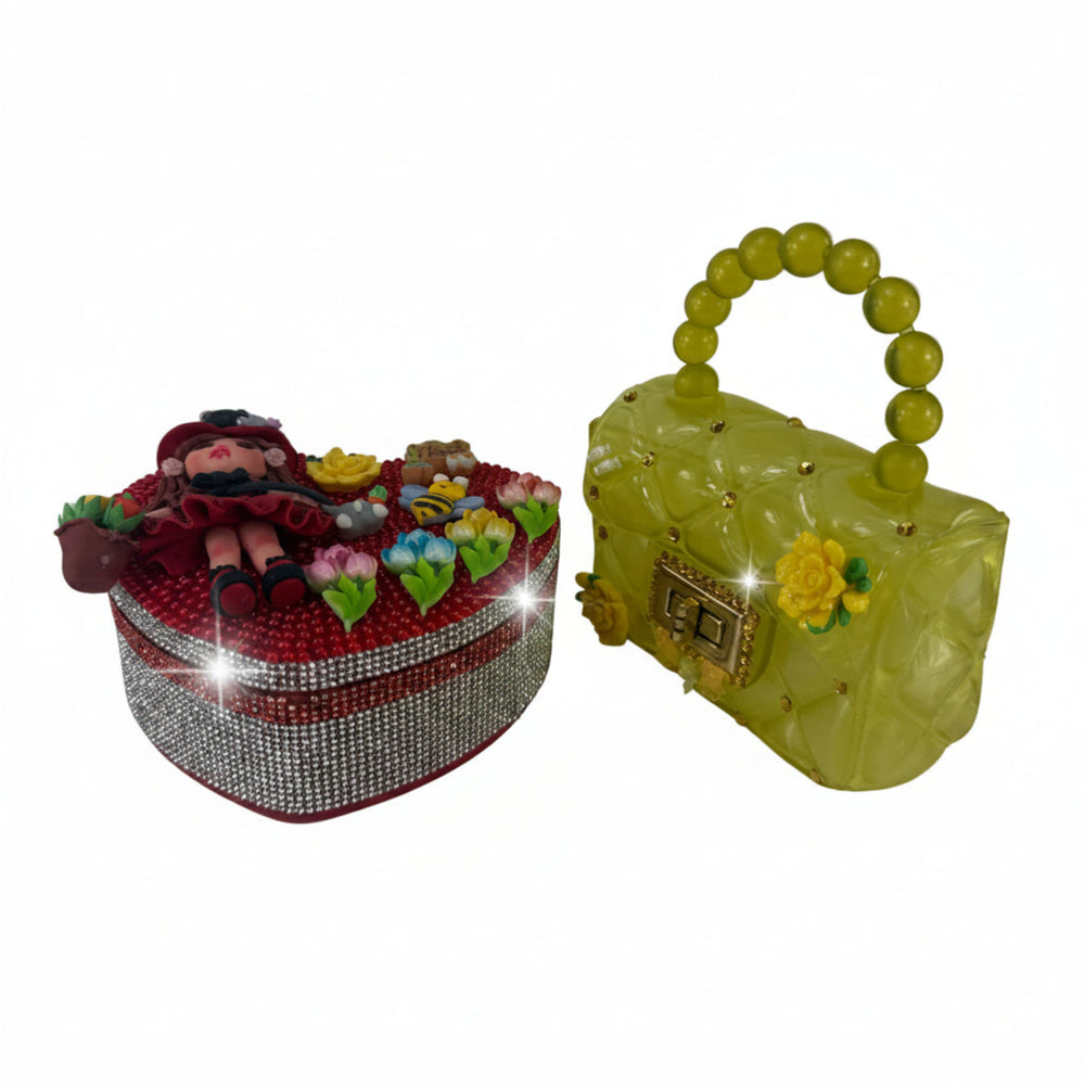Heart-shaped jewelry box and yellow transparent purse from butterfly fairy gift set with handmade doll accents