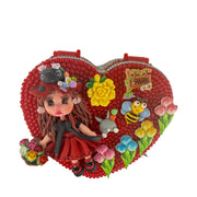 Heart-shaped jewelry box with handmade doll, flowers, bee, and butterfly fairy details for girls