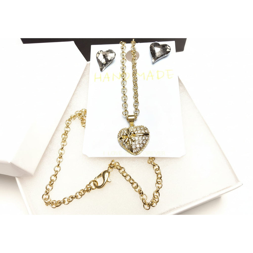 Heart crystal earring and necklace set with luxury black gift bag and tissue paper - Majestic Boutique

