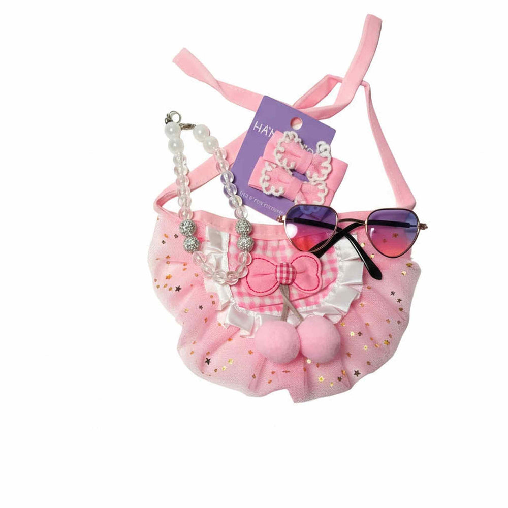 Heart sunglasses and pink bow accessories for teacup dogs