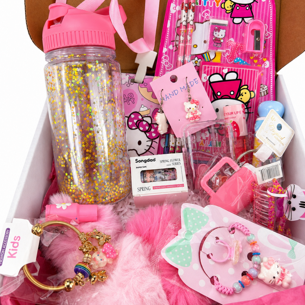 Hello Kitty back to school gift box with glitter tumbler, stationery and pink accessories