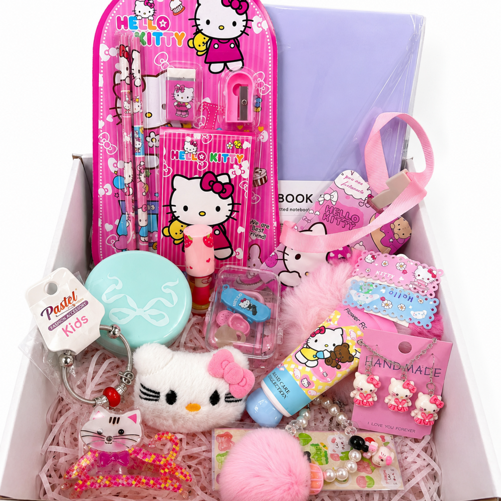 Hello Kitty gift box with clear mini suitcase, charms, stickers and cute accessories
