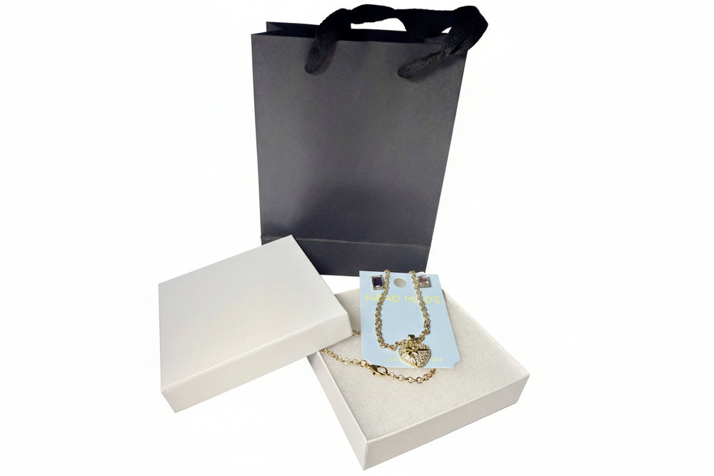 Gold-tone crystal heart necklace and earring gift set in premium packaging with gift  black bag 