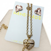 Heart-shaped necklace heart pendant  and rose crystal earrings set  'Handmade'