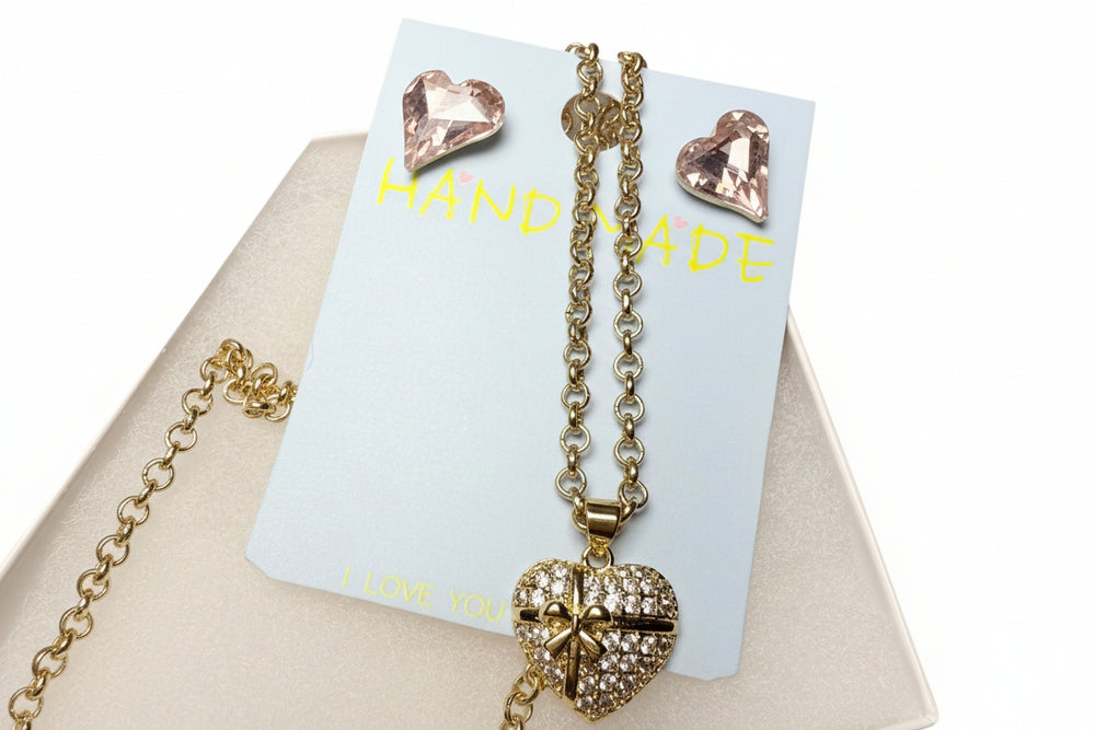 Heart-shaped necklace heart pendant  and rose crystal earrings set  'Handmade'