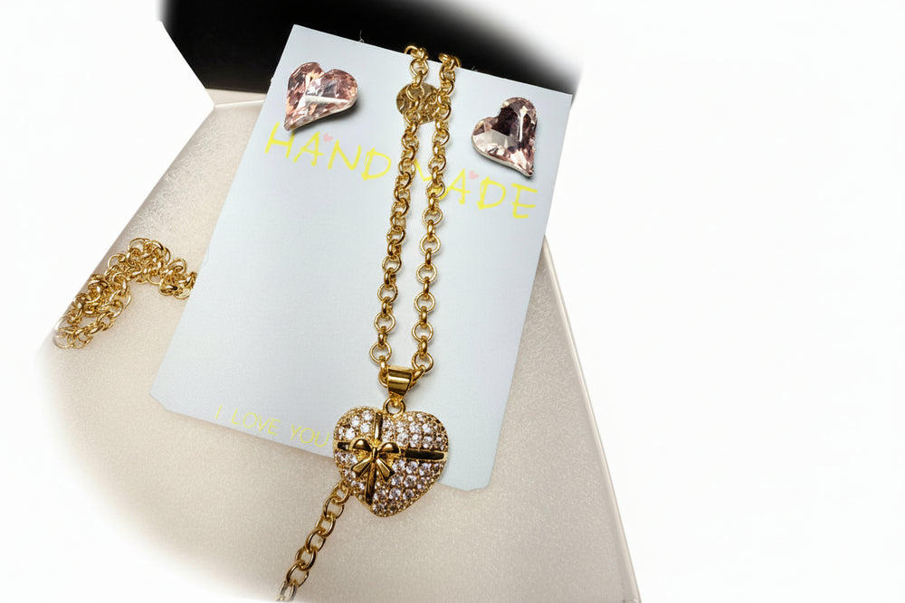 heart pendant chain and crystal earrings set