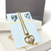 Gold-tone heart pendant necklace blue crystal earrings  with a luxury gift bag and jewelry box.