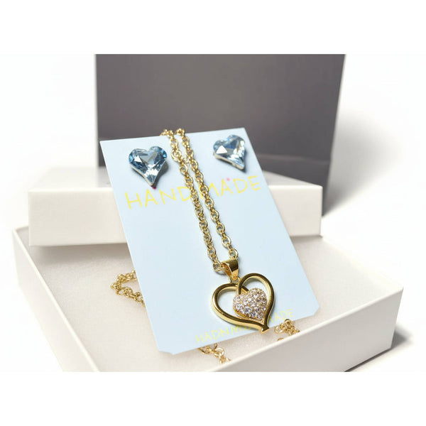Gold-tone heart pendant necklace blue crystal earrings  with a luxury gift bag and jewelry box.