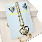 Gold-tone heart pendant  rhinestone necklace luxury jewelry box. crystal earrings