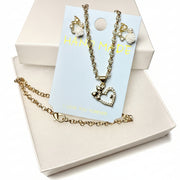 Heart Necklace & Rose Earrings Set - Gold Tone Jewelry Gift