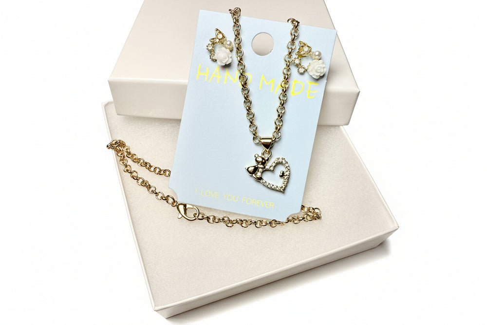Heart Necklace & Rose Earrings Set - Gold Tone Jewelry Gift