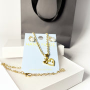 Heart Necklace & Rose Earrings Set - Gold Tone Jewelry Gift