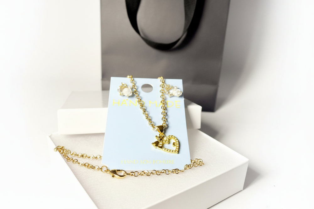 Heart Necklace & Rose Earrings Set - Gold Tone Jewelry Gift