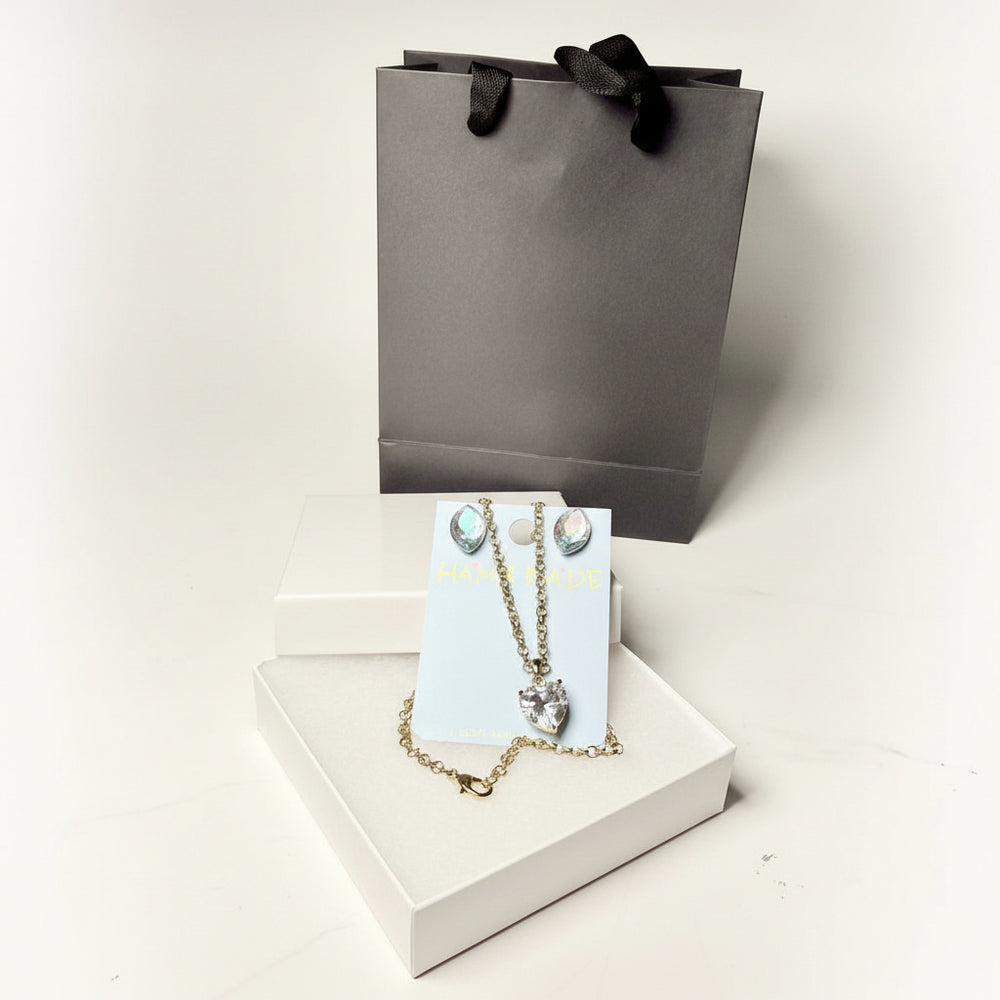 Handmade crystal necklace and earring jewelry set in a white gift box with a luxury back gift bag