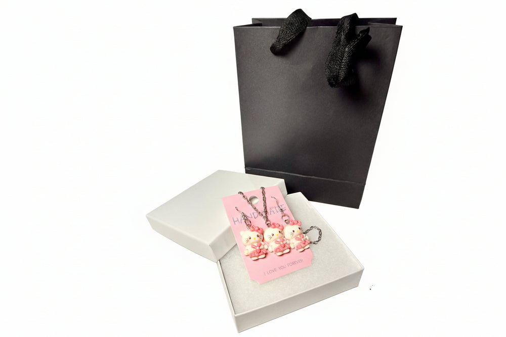 Handmade Silver-Tone Pink Hello Kitty Necklace and Earring Set with Premium White Gift Box and Luxury Black Paper Bag - Shipping from Miami