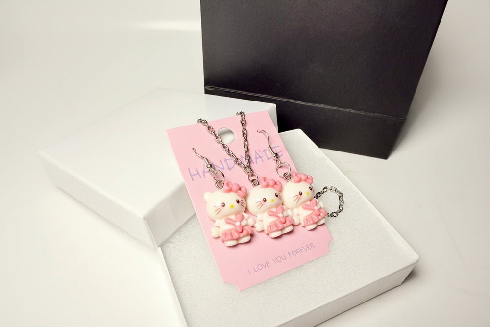 Hello Kitty Necklace & Earrings Set – Pink Kawaii Jewelry Gift | Boutique