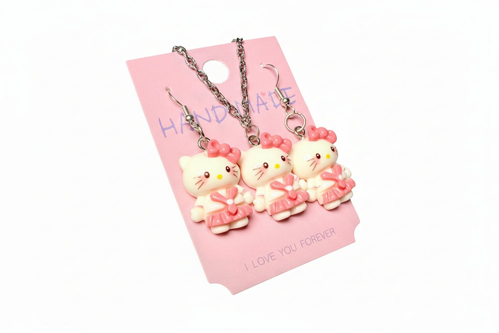 Hello Kitty Necklace & Earrings Set – Pink Kawaii Jewelry Gift | Boutique