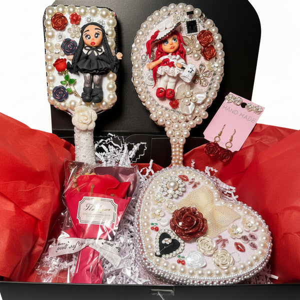 Kawaii Decoden Decorated Mirror Brush Set - Handmade Vanity Jewelry Box Gift