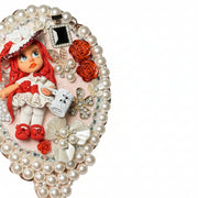 Handmade Decoden set: hair brush, mirror, and jewelry box decorated with cold porcelain doll, artisan red rose earrings, and red soap rose bouquet.