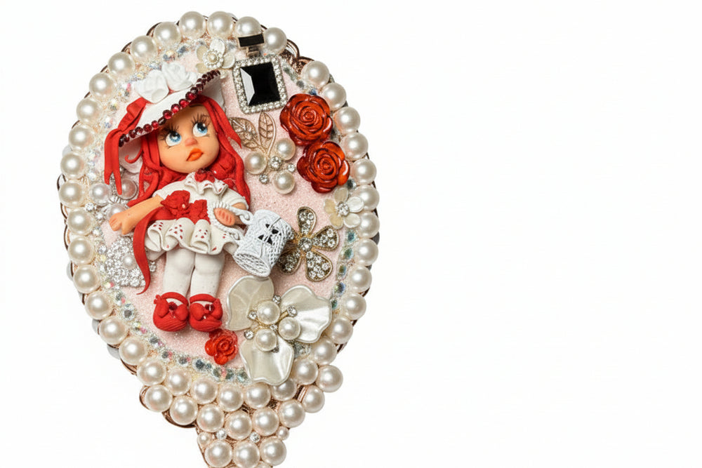 Handmade Decoden set: hair brush, mirror, and jewelry box decorated with cold porcelain doll, artisan red rose earrings, and red soap rose bouquet.