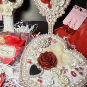 Handmade Decoden set: hair brush, mirror, and jewelry box decorated with cold porcelain doll, artisan red rose earrings, and red soap rose bouquet.
