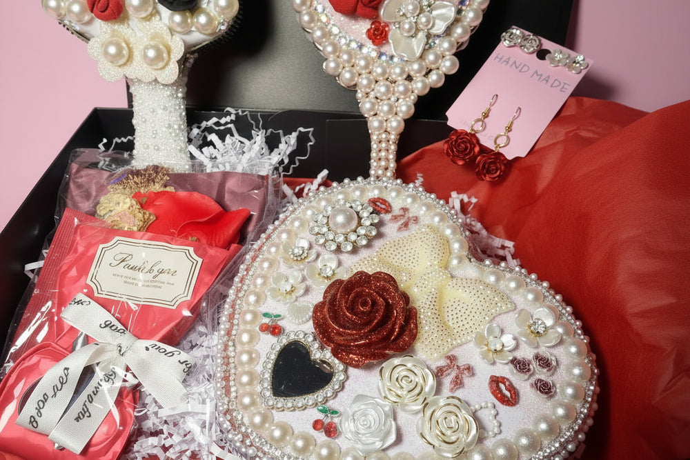 Handmade Decoden set: hair brush, mirror, and jewelry box decorated with cold porcelain doll, artisan red rose earrings, and red soap rose bouquet.