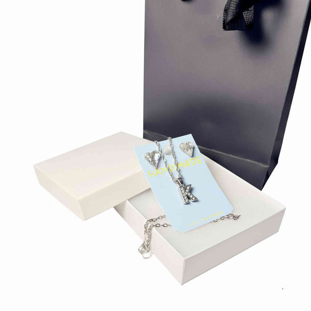 Initial K necklace and crystal heart earrings personalized jewelry set in gift box
