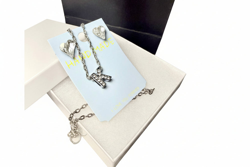 Handmade Silver-Tone Initial Letter K Necklace and Heart Crystal Earrings Set on Display Card with Premium Gift Box - Shipping from Miami, FL