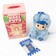 Kawaii Haci Pupu Gummy Bear Blueberry Flavor vinyl plush pendant displayed with collectible box and flavor card.